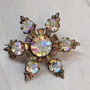 Vintage AB Rhinestone Starburst Brooch Aurora Borealis Gold Tone